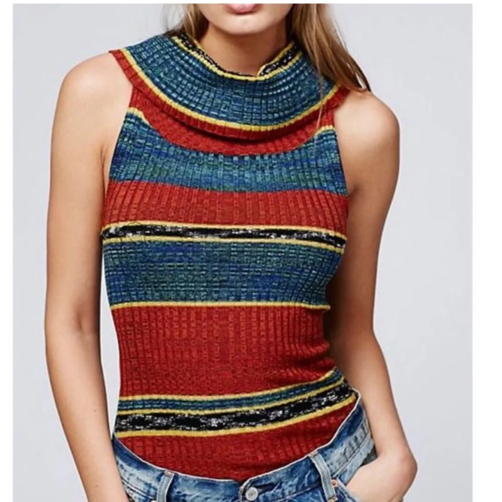 Free People Striped Carly Cowl Neck Ribbed Tank Top Sweater Orange Size Small